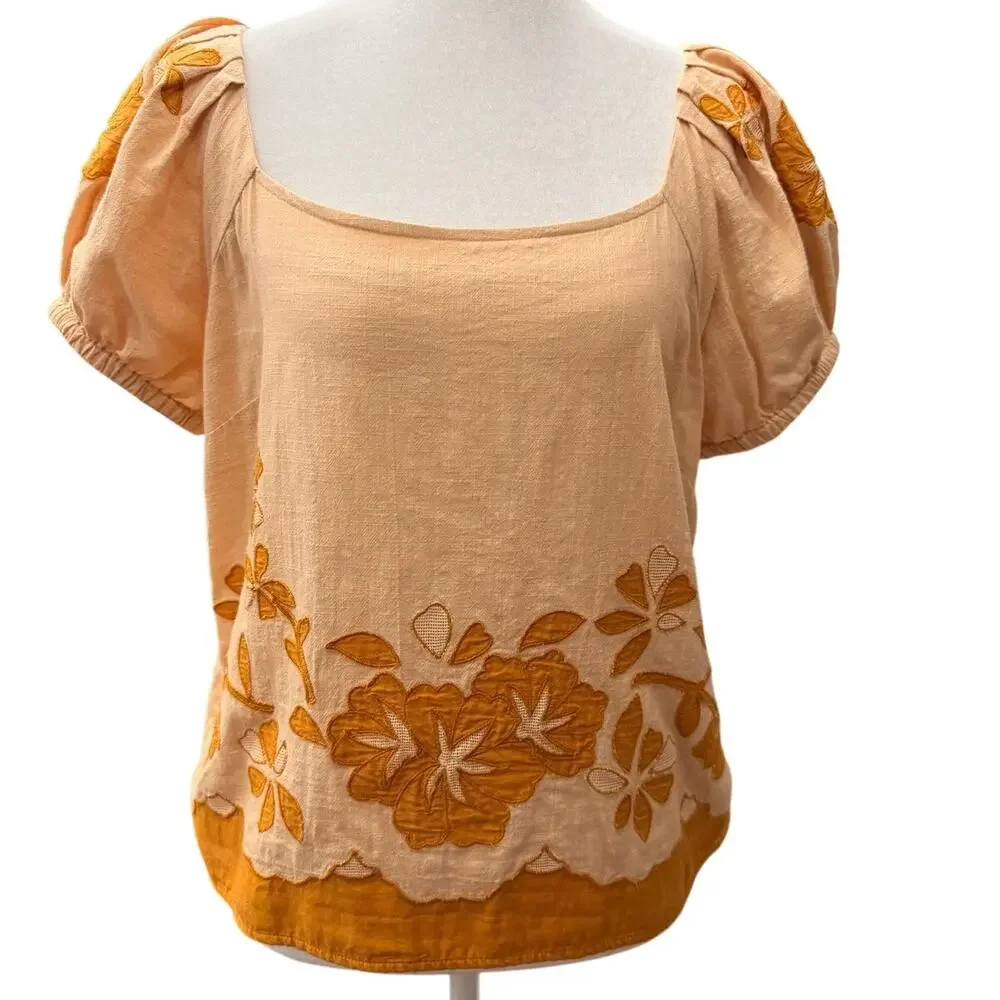 Madewell Embroidered Boho Puff Sleeve Top Cream Orange M NWOT